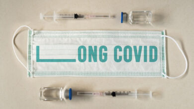 Síndrome post-COVID, mascarilla rodeada de vacunas para coronavirus