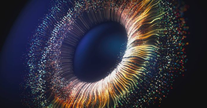 Primer plano de la retina de un ojo humano con detalles de los vasos sanguíneos.